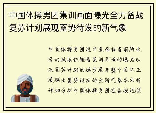 中国体操男团集训画面曝光全力备战复苏计划展现蓄势待发的新气象