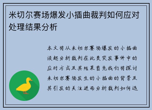 米切尔赛场爆发小插曲裁判如何应对处理结果分析