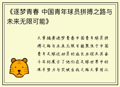 《逐梦青春 中国青年球员拼搏之路与未来无限可能》