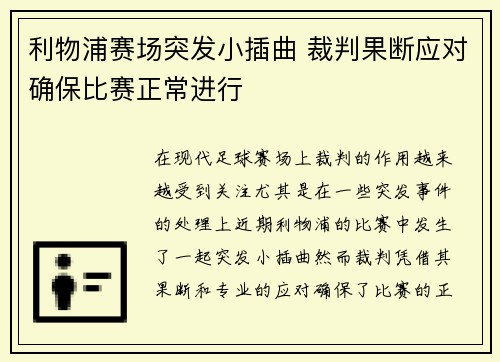 利物浦赛场突发小插曲 裁判果断应对确保比赛正常进行