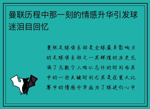 曼联历程中那一刻的情感升华引发球迷泪目回忆