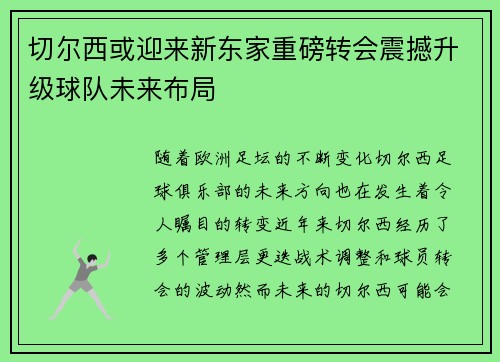 切尔西或迎来新东家重磅转会震撼升级球队未来布局